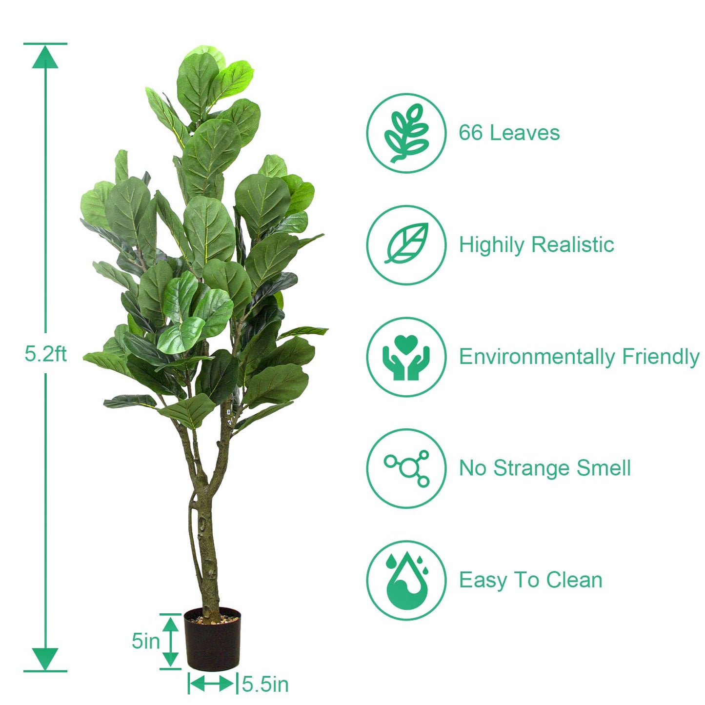 SZHLUX 5.2FT Artificial Fiddle Leaf Fig Tree, Artificial Plants for Home Decor Indoor, Lifelike Evergreen Fake Artificial Ficus Tree Perfect Match for Home Office Decoration